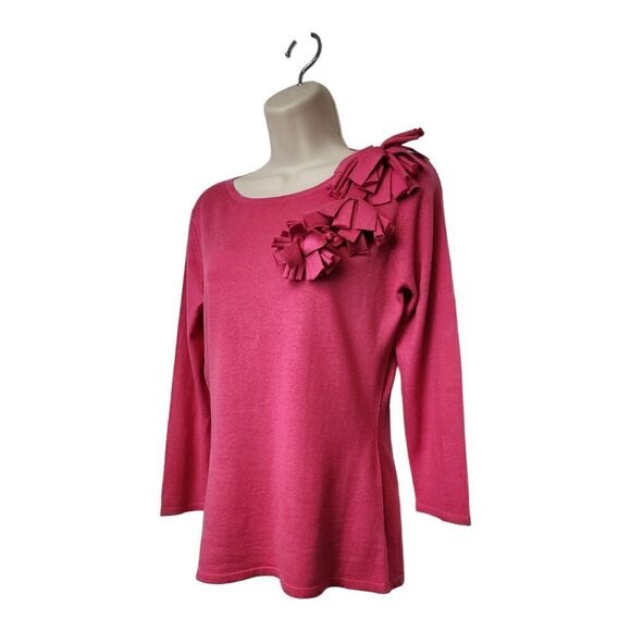 SAKS FIFTH AVENUE 3/4 Sleeve Cashmere Hot Pink Silk Comfy Sweater Size Medium - Picture 2 of 10